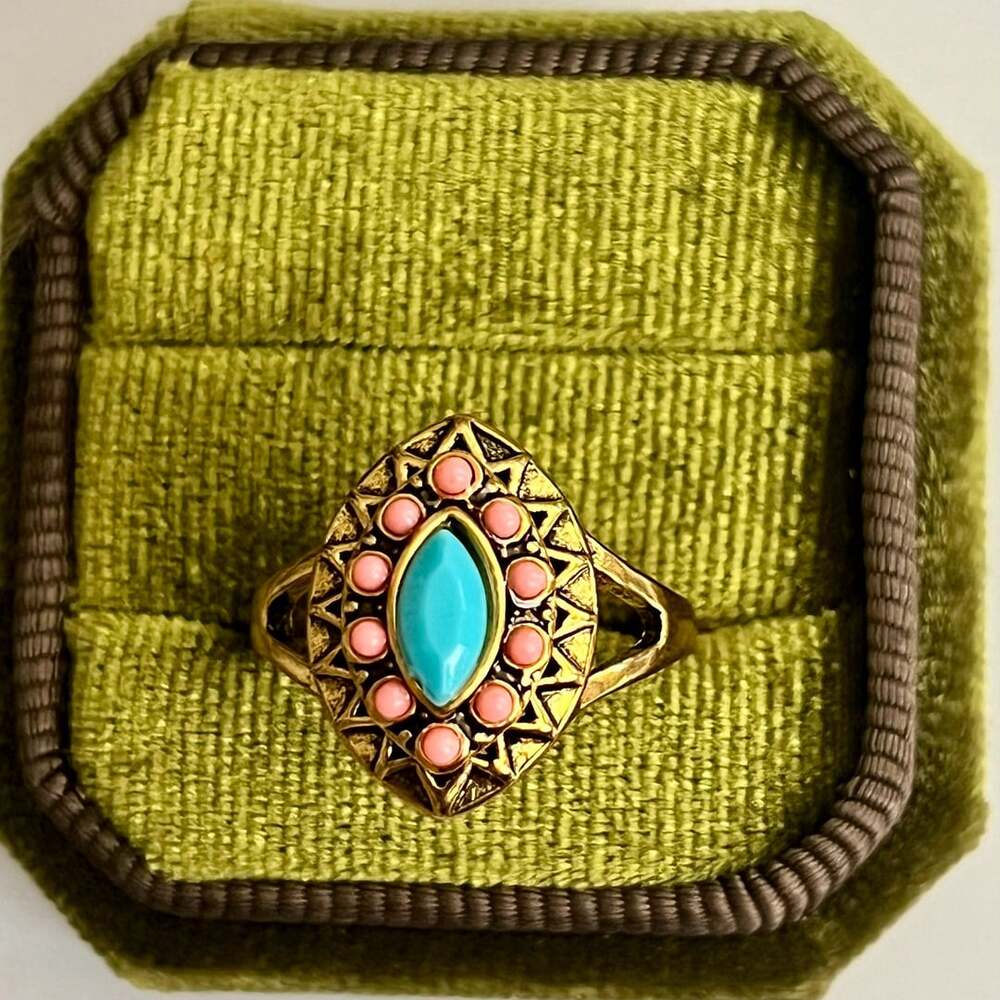 Pink Evil Eye with Teal Center Ring Titanium Steel Gold Tone Statement Ring Siz